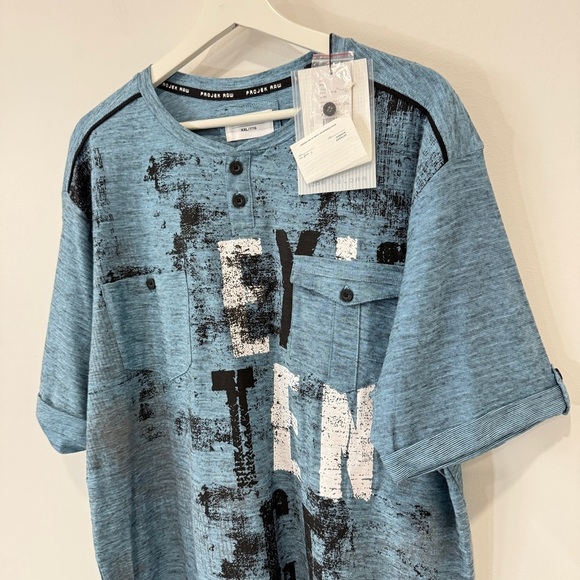 Projek Raw Cotton Graphic Print Short Sleeve Henley Shirt Size XXL Sky Blue NWT - Picture 5 of 17